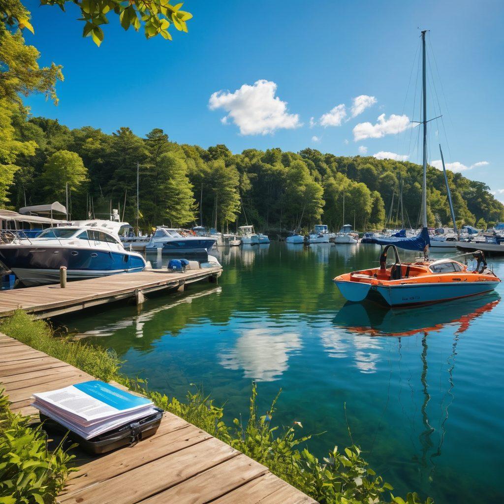 A serene waterfront scene featuring a variety of recreational boats docked peacefully, with a focus on a sailboat under a bright blue sky. In the foreground, a diverse group of people engaged in a lively discussion, holding documents and safety gear, representing the concept of risk management. Incorporate subtle warning signs like life jackets and storage containers to emphasize safety and liability. Reflect a warm, inviting atmosphere with lush greenery in the background. super-realistic. vibrant colors.