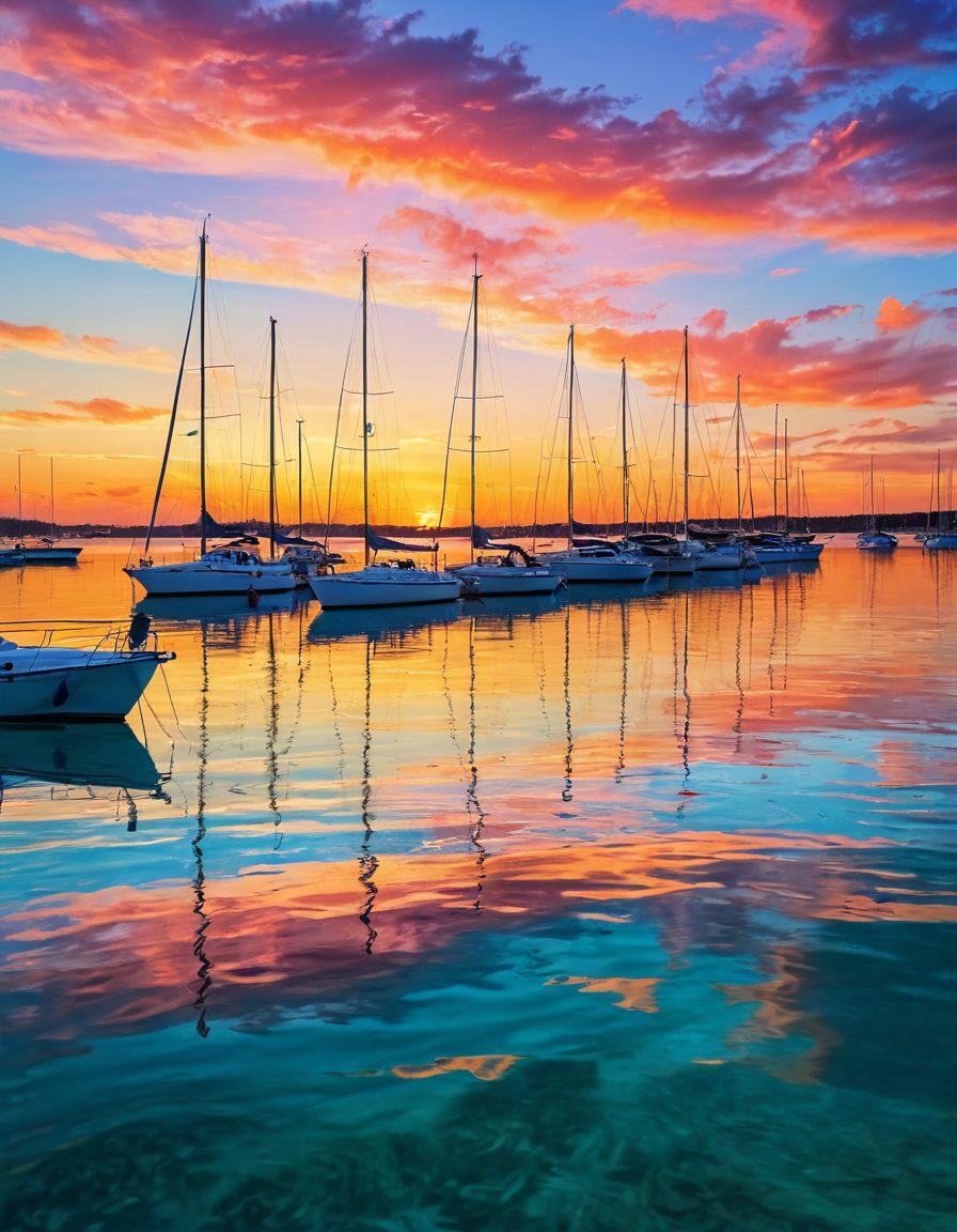 An adventurous coastal scene featuring a variety of sailboats and luxurious yachts anchored in crystal-clear turquoise waters. The background showcases a vibrant sunset with golden and pink hues reflecting on the water. Add adventurous individuals engaging in water sports, creating a sense of excitement and exploration. Include nautical elements like ropes and sails fluttering in the gentle breeze. painterly style. vibrant colors. dynamic composition.