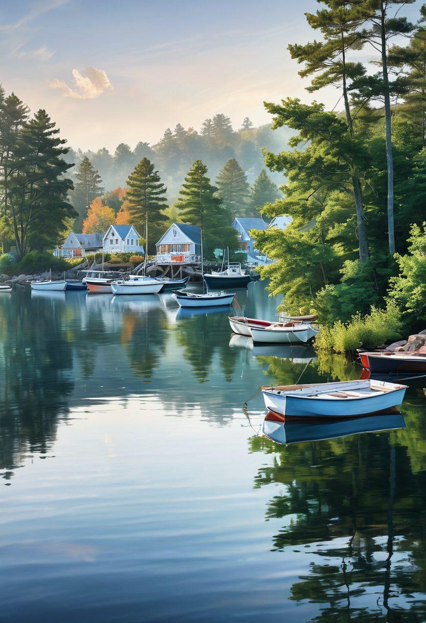 A serene water scene depicting a variety of boats, from sailboats to motorboats, gently floating on calm waters. Overlay this with visual elements representing insurance, like shield icons or document papers. Include sunlight shimmering on the water surface, and a horizon showcasing a distant shoreline with trees and cottages. Combine a feeling of tranquility and security. super-realistic. vibrant colors. white background.